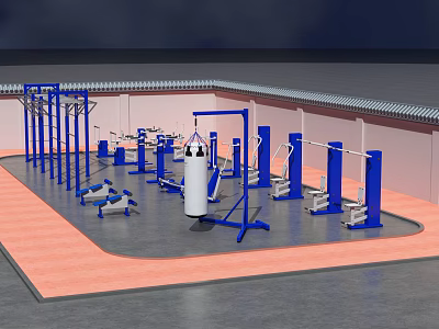 Outdoor Fitness Area With Blue Parallel Bars Punching Bag And Exercise Benches 3d model