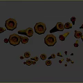 Yellow Conical Equipment With Brown Tops Arranged In Reflective Display Setup