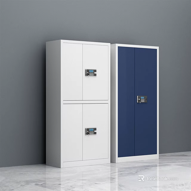 White and Blue Modern Bookcase with Lockable Doors and Storage Cabinets 3d model