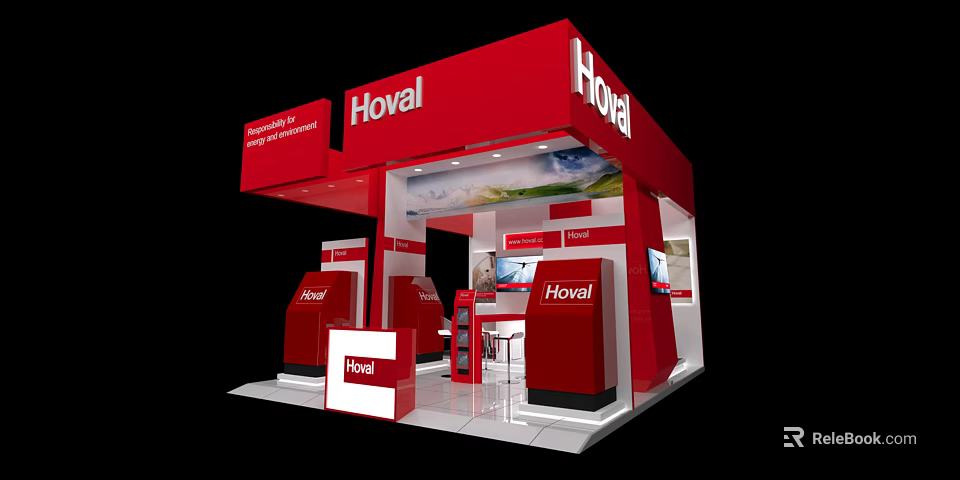 Red Hoval Exhibition Booth With Display Area And Reception Desk 3d model