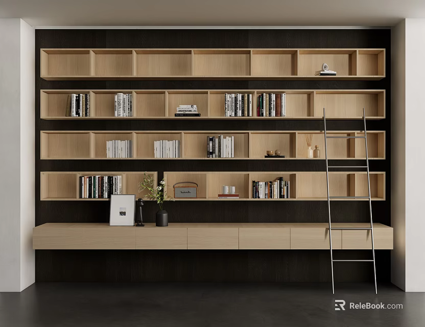 Wooden Modern Bookcase with Multiple Shelves Rows of Books Ladder and Decorative Items 3d model 