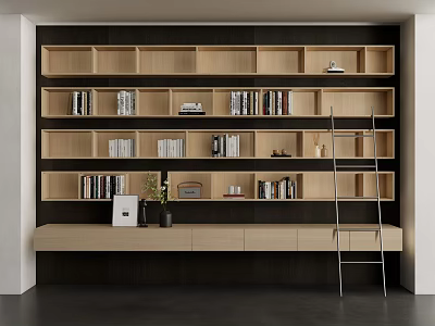 Wooden Modern Bookcase with Multiple Shelves Rows of Books Ladder and Decorative Items 3d model