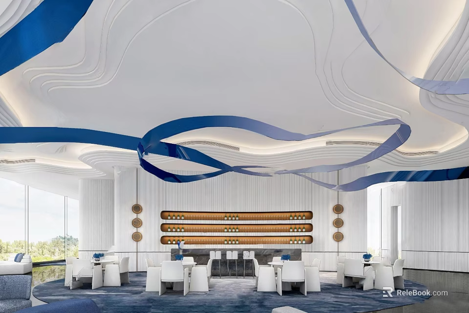 Modern Sales Office with Blue Wavy Ceiling White Walls Wine Rack Tables Chairs Large Windows 3d model 