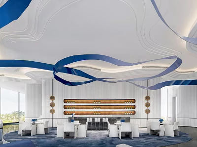 Modern Sales Office with Blue Wavy Ceiling White Walls Wine Rack Tables Chairs Large Windows 3d model