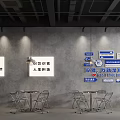 Modern Bubble Tea Shop Interior With Gray Counter Staircase Beverage Machines And Blue Cartoon Statue