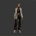 Stylish Woman With Blonde Hair Wearing Gray Coat Purple Top Black Pants And White Shoes