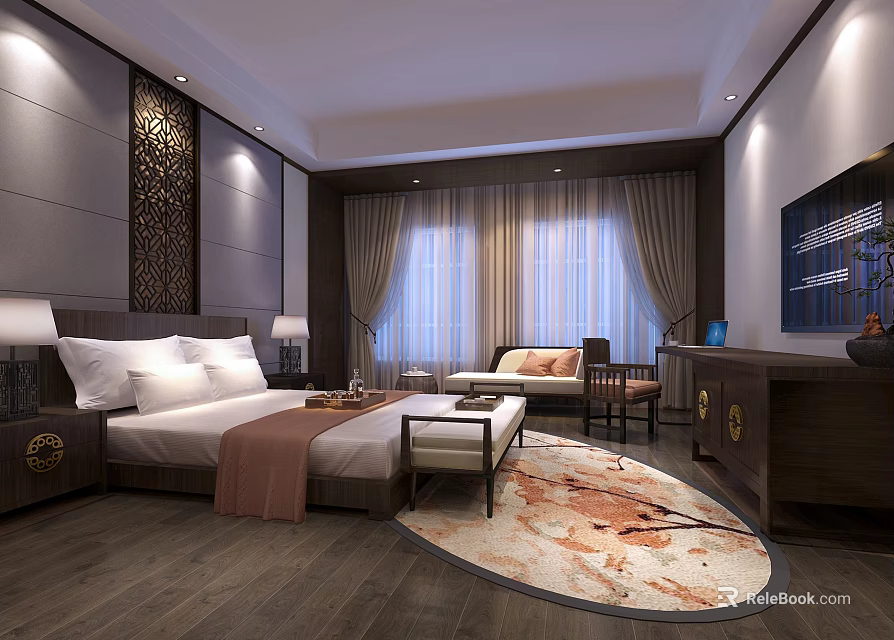 Luxurious Hotel Room Interior With Large Bed White Bedding Decorative Wall And Patterned Carpet 3d model 