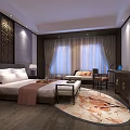 Luxurious Hotel Room Interior With Large Bed White Bedding Decorative Wall And Patterned Carpet