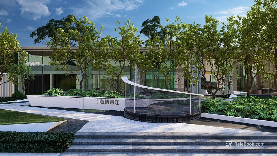Modern Garden Landscape Design With Trees Pathway Water Feature And Building Exterior 3d model 
