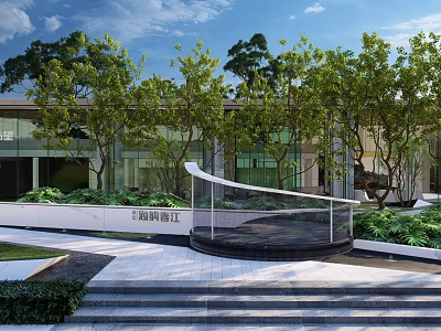 Modern Garden Landscape Design With Trees Pathway Water Feature And Building Exterior 3d model