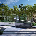 Modern Garden Landscape Design With Trees Pathway Water Feature And Building Exterior