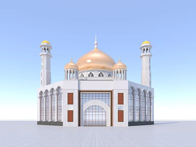 Islamic Mosque With Golden Dome White Minarets And Arched Design Under Blue Sky 3d model
