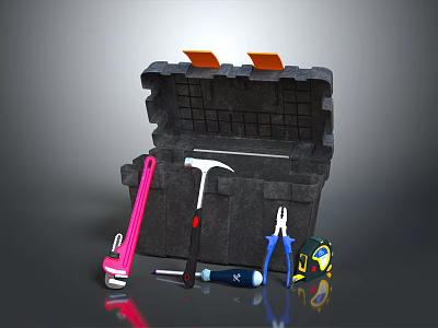Essential Durable Hardware Tools Set in Black Toolbox with Wrench Hammer Pliers and Tape Measure 3d model