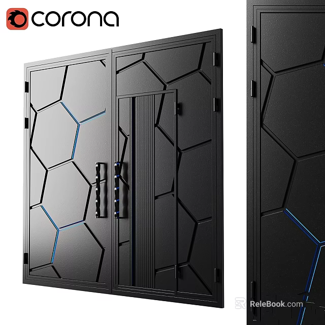 Modern Black Room Divider With Hexagonal Pattern And Blue Accent Lines 3d model 