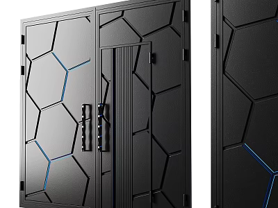 Modern Black Room Divider With Hexagonal Pattern And Blue Accent Lines 3d model