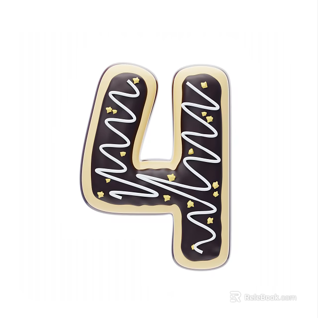 Number 4 Shaped Chocolate Color Decorative Ornament with White Icing and Gold Specks 3d model 