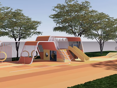 Outdoor Children's Play Area With Slide Climbing Structures Circular Rings And Trees On Orange Ground 3d model