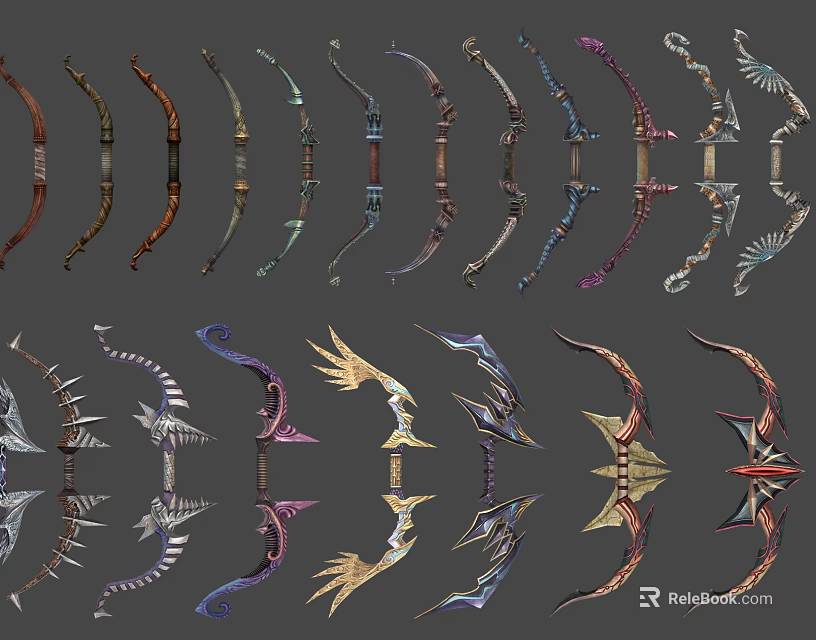 Various Decorative Bows As Ancient Weapons With Ornate Designs And Colors 3d model 
