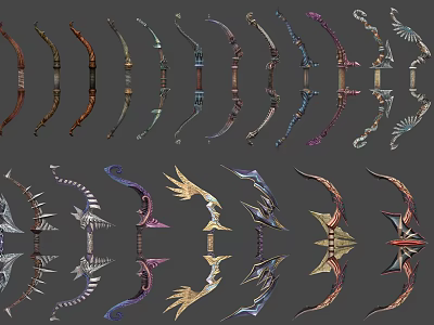 Various Decorative Bows As Ancient Weapons With Ornate Designs And Colors 3d model