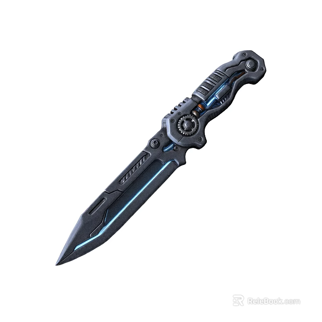 Detailed Futuristic Mechanical Knife With Sharp Blade And Blue Glowing Accents 3d model 