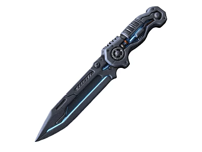 Detailed Futuristic Mechanical Knife With Sharp Blade And Blue Glowing Accents 3d model