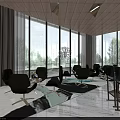 Modern Sales Office Interior With Large Windows Greenery View Black Chairs And Designer Ceiling