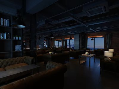 Cozy Café Interior Design With Leather Sofas Wooden Tables Bookshelves And Pendant Lights 3d model