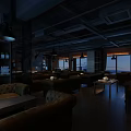 Cozy Café Interior Design With Leather Sofas Wooden Tables Bookshelves And Pendant Lights