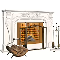 White Marble Fireplace With Carved Details Burning Fire And Wooden Logs Basket