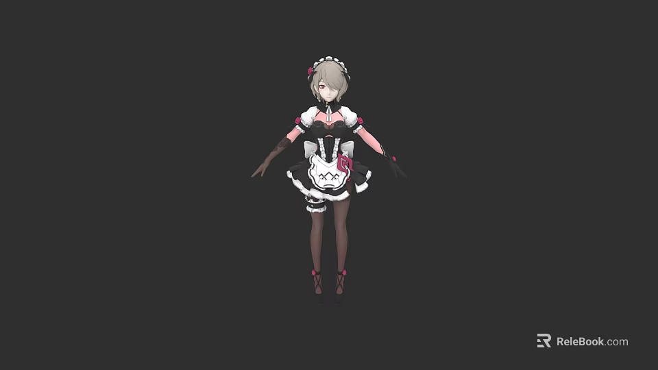 Game And Movie Character In Maid Outfit With Hair Accessories Apron Stockings And High Heels 3d model 