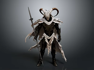 Fantasy Character With Large Curved Horns Ornamental Tattered Cloak Holding Long Spear Dark Armor Design 3d model