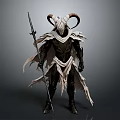 Fantasy Character With Large Curved Horns Ornamental Tattered Cloak Holding Long Spear Dark Armor Design