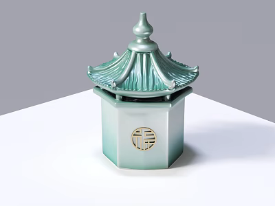 Traditional Green Tea Set With Pagoda Shaped Lid Hexagonal Body And Golden Fortune Character 3d model