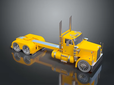 Yellow Semi Truck With Chrome Exhaust Pipes Shiny Surface Silver Wheels On Gray Background 3d model