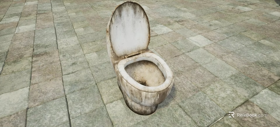 Dirty Stained Old Toilet Sitting On Stone Tiled Floor With Grime 3d model 