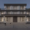 Two Story Detached Villa With Black Roof White Walls Balcony Front Steps And Outdoor Seating