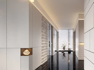 Modern Office Corridor Interior With White Decorative Walls Black Polished Floors And Recessed Lighting 3d model