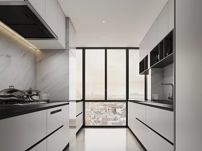 Modern Kitchen With White Cabinets Black Countertops Marble Walls And Large Windows Overlooking City View 3d model