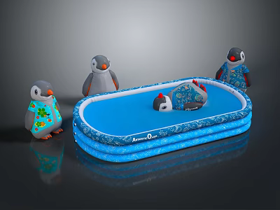 Playful Cartoon Scene Featuring Penguins Standing Around Blue Inflatable Pool With Floating Chicken Toy 3d model