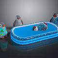 Playful Cartoon Scene Featuring Penguins Standing Around Blue Inflatable Pool With Floating Chicken Toy 3d model