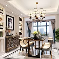 Modern Living and Dining Room Interior With Chandeliers Marble Floor TV Unit And Plants
