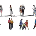 People In Various Poses With Different Clothing On Gray Ground And Blue Sky