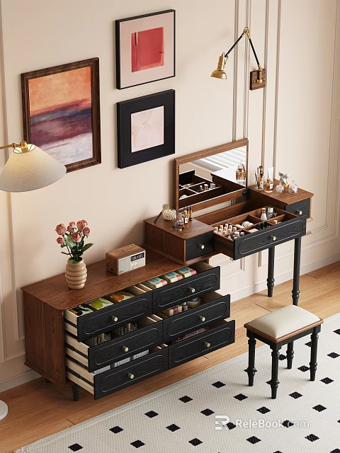 Wooden Dressing Table With Built In Mirror Multiple Drawers Stool And Table Lamp 3d model