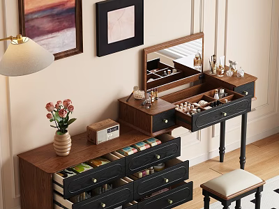 Wooden Dressing Table With Built In Mirror Multiple Drawers Stool And Table Lamp 3d model