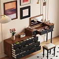 Wooden Dressing Table With Built In Mirror Multiple Drawers Stool And Table Lamp 3d model