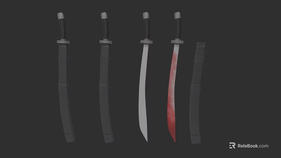 Four Bladed Weapons with Black White Red Blades and Black Handles Sheaths 3d model 