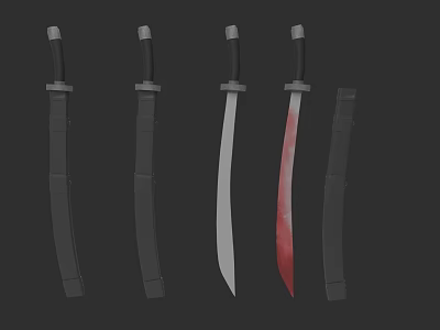 Four Bladed Weapons with Black White Red Blades and Black Handles Sheaths 3d model