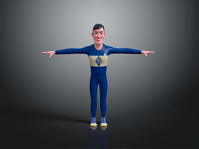 3D Character Wearing Blue Bodysuit With Number 4 On Chest Standing With Outstretched Arms 3d model