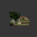 Charming Log Cabin Surrounded By Large Tree Small Shed Pond Stones And Flowers