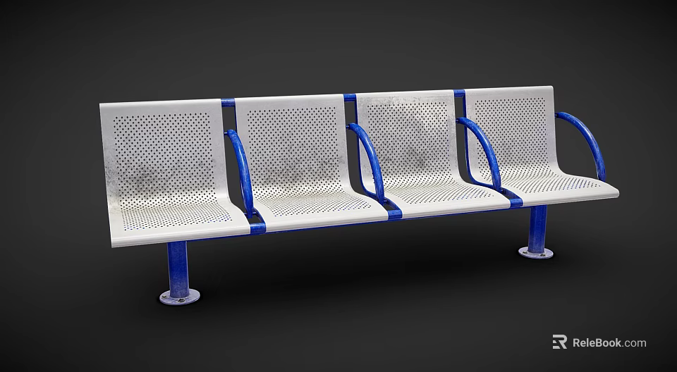 Outdoor Public Bench With White Perforated Metal Seats And Blue Armrests 3d model 